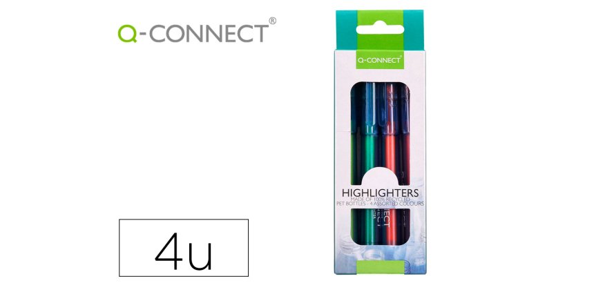 Rotulador q-connect fluorescente punta biselada fabricado pet reciclado caja de 4 unidades colores surtidos