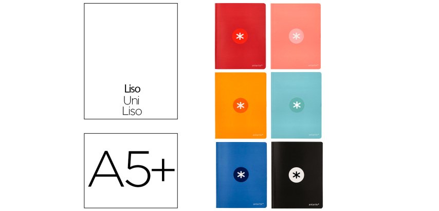 Libreta antartik a5+ plus cosida 48 hojas 90gr liso sin margen 6 colores surtidos