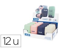 Sacapuntas milan compact serie 1918 plastico 2 usos con goma de borrar expositor de 16 unidades colores