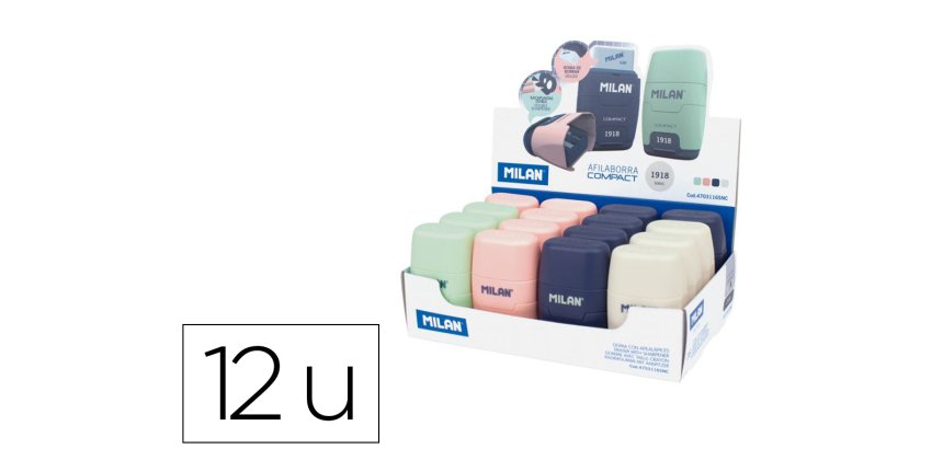 Sacapuntas milan compact serie 1918 plastico 2 usos con goma de borrar expositor de 16 unidades colores