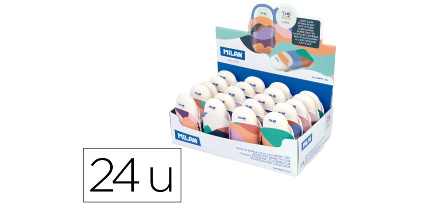 Goma de borrar milan the fun ovalada con funda caja de 24 unidades colores surtidos