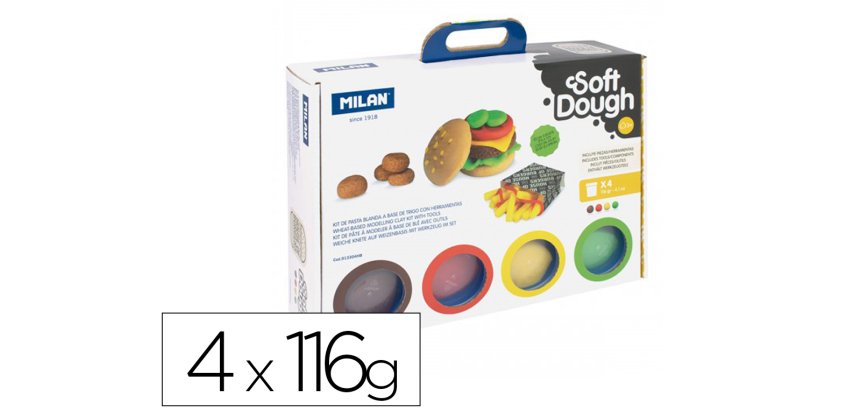 Pasta milan para modelar soft dough casa de las hamburguesas con herramientas maletin con 4 botes colores