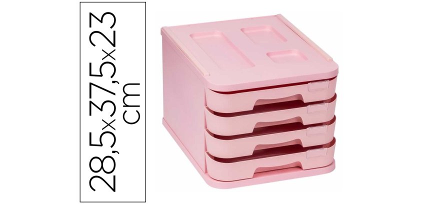 Fichero cajones de sobremesa faibo plastico 100% reciclable 4 cajones rosa pastel 28,5x37,5x23 cm