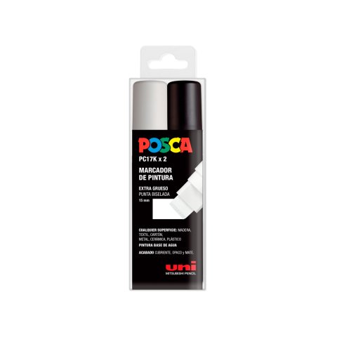 Rotulador uni posca pc-17k/2c marcador de pintura punta biselada 15 mm estuche de 2 unidades blanco/negro