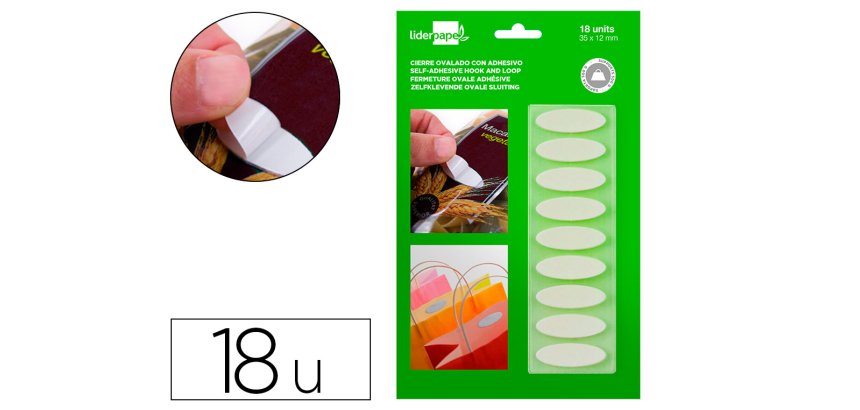 Velcro autoadhesivo ovalado liderpapel blanco 35x12 mm blister de 18 unidades