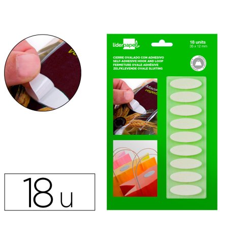 Velcro autoadhesivo ovalado liderpapel blanco 35x12 mm blister de 18 unidades