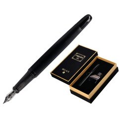 Pluma y frasco de tinta belius origen 1995 aluminio textura cepillada color negro tinta negra caja diseño