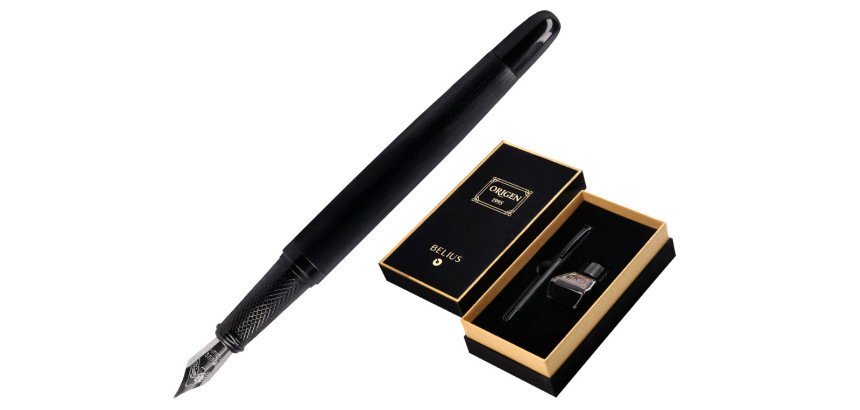 Pluma y frasco de tinta belius origen 1995 aluminio textura cepillada color negro tinta negra caja diseño