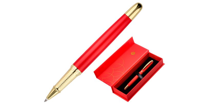 Boligrafo belius passion dor aluminio textura cepillada color rojo y dorado tinta azul caja de diseño
