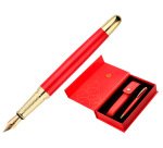 Pluma y estuche cuero belius passion dor aluminio textura cepillada color rojo y dorado tinta azul caja de diseño