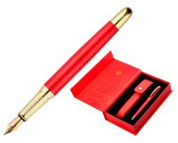 Pluma y estuche cuero belius passion dor aluminio textura cepillada color rojo y dorado tinta azul caja de diseño