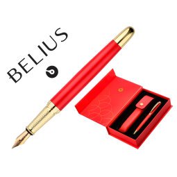 Pluma y estuche cuero belius passion dor aluminio textura cepillada color rojo y dorado tinta azul caja de diseño