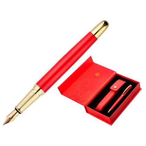 Pluma y estuche cuero belius passion dor aluminio textura cepillada color rojo y dorado tinta azul caja de diseño