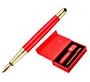 Pluma y estuche cuero belius passion dor aluminio textura cepillada color rojo y dorado tinta azul caja de diseño