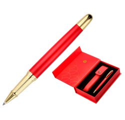 Boligrafo y estuche belius passion dor aluminio textura cepillada color rojo y dorado tinta azul caja de diseño