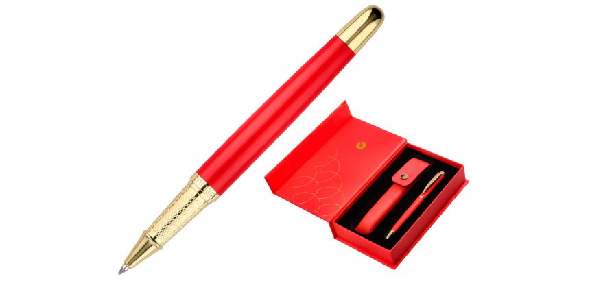 Boligrafo y estuche belius passion dor aluminio textura cepillada color rojo y dorado tinta azul caja de diseño