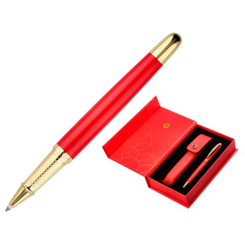 Boligrafo y estuche belius passion dor aluminio textura cepillada color rojo y dorado tinta azul caja de diseño