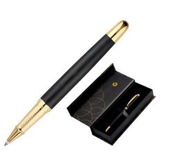 Boligrafo belius passion dor aluminio textura cepillada color negro y dorado tinta azul caja de diseño