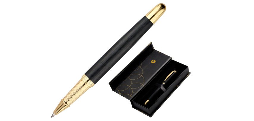 Boligrafo belius passion dor aluminio textura cepillada color negro y dorado tinta azul caja de diseño
