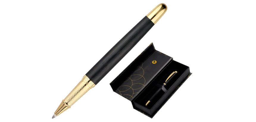 Boligrafo belius passion dor aluminio textura cepillada color negro y dorado tinta azul caja de diseño