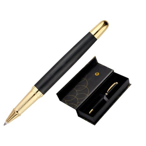 Boligrafo belius passion dor aluminio textura cepillada color negro y dorado tinta azul caja de diseño