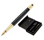 Pluma y estuche cuero belius passion dor aluminio textura cepillada color negro y dorado tinta azul caja diseño