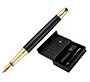 Pluma y estuche cuero belius passion dor aluminio textura cepillada color negro y dorado tinta azul caja diseño