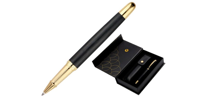 Boligrafo y estuche belius passion dor aluminio textura cepillada color negro y dorado tinta azul caja diseño