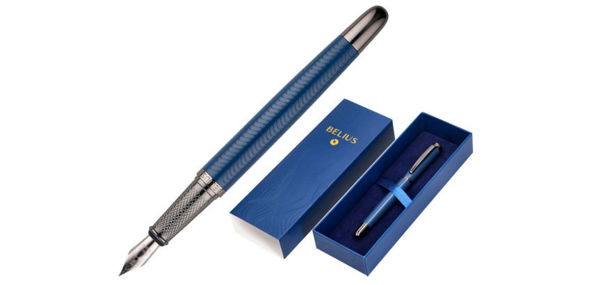 Pluma belius neptuno aluminio textura wavy color azul marino tinta azul caja de diseño