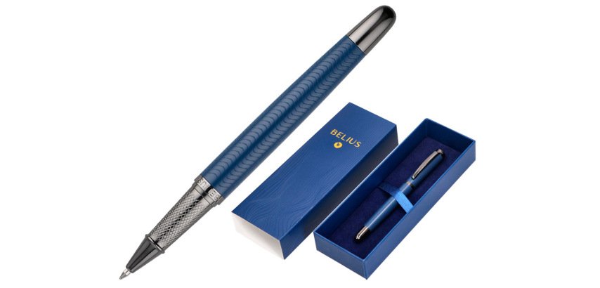 Boligrafo belius neptuno aluminio textura wavy color azul marino tinta azul caja de diseño
