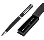 Boligrafo belius turbo aluminio textura punteada color negro y plateado tinta azul caja de diseño