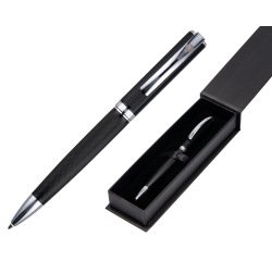 Boligrafo belius turbo aluminio textura punteada color negro y plateado tinta azul caja de diseño