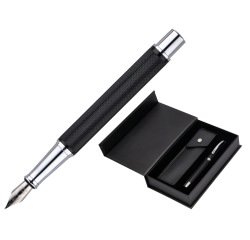 Pluma y estuche belius turbo aluminio textura punteada color negro y plateado tinta azul caja de diseño