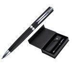 Boligrafo y estuche belius turbo aluminio textura punteada negro y plateado tinta azul caja de diseño