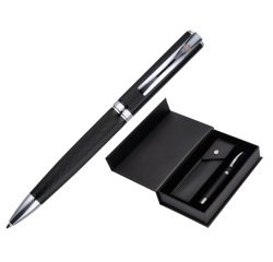 Boligrafo y estuche belius turbo aluminio textura punteada negro y plateado tinta azul caja de diseño