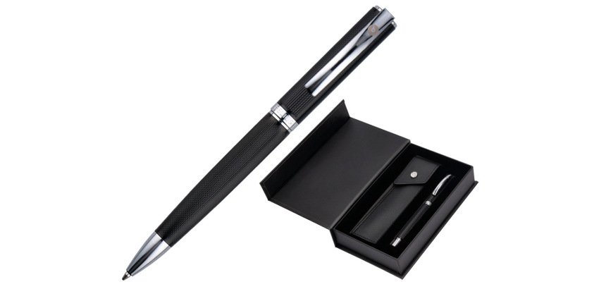 Boligrafo y estuche belius turbo aluminio textura punteada negro y plateado tinta azul caja de diseño