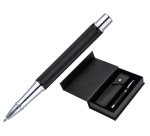 Roller y estuche belius turbo aluminio textura punteada negro plateado tinta azul caja de diseño