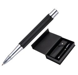 Roller y estuche belius turbo aluminio textura punteada negro plateado tinta azul caja de diseño