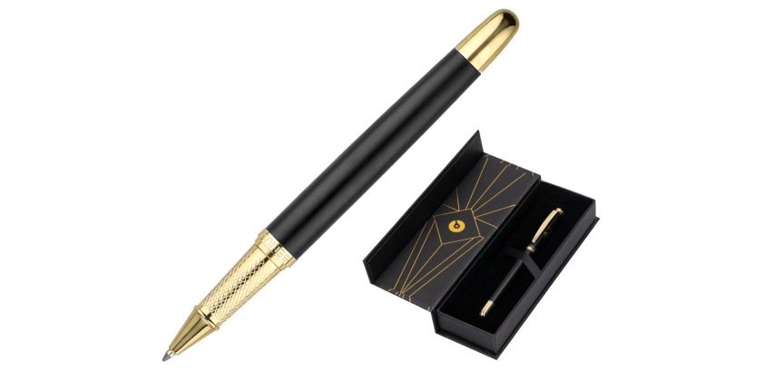 Boligrafo belius soiree aluminio color art deco negro y dorado tinta azul caja de diseño
