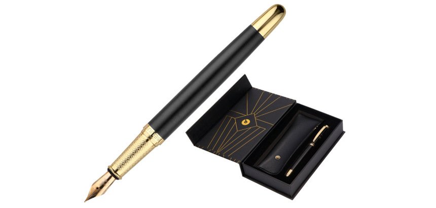 Pluma y estuche belius soiree color art deco negro y dorado tinta azul caja de diseño