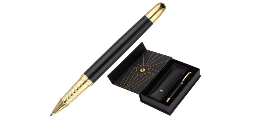 Boligrafo y estuche belius soiree color negro y dorado tinta azul caja de diseño