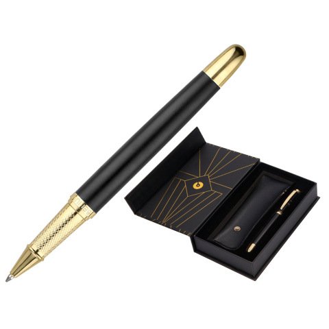 Boligrafo y estuche belius soiree color negro y dorado tinta azul caja de diseño