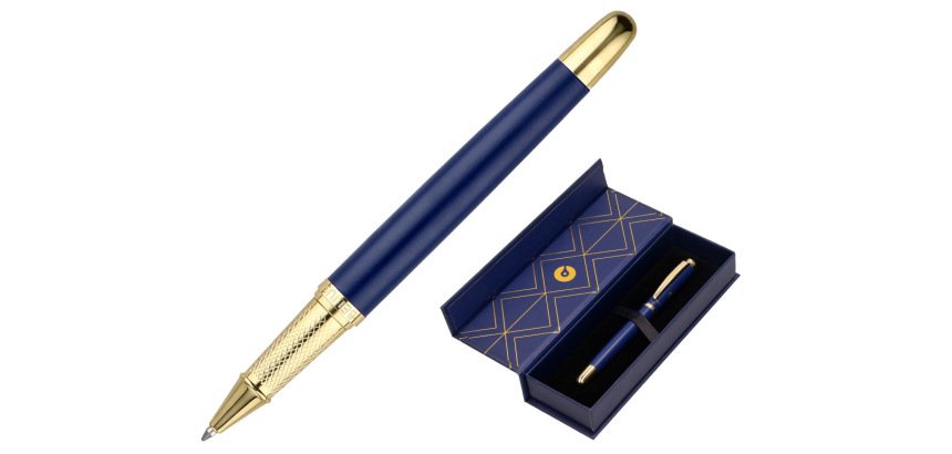 Boligrafo belius soiree aluminio color azul marino y dorado tinta azul caja de diseño