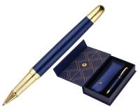 Boligrafo y estuche belius soiree color azul marino y dorado tinta azul caja de diseño