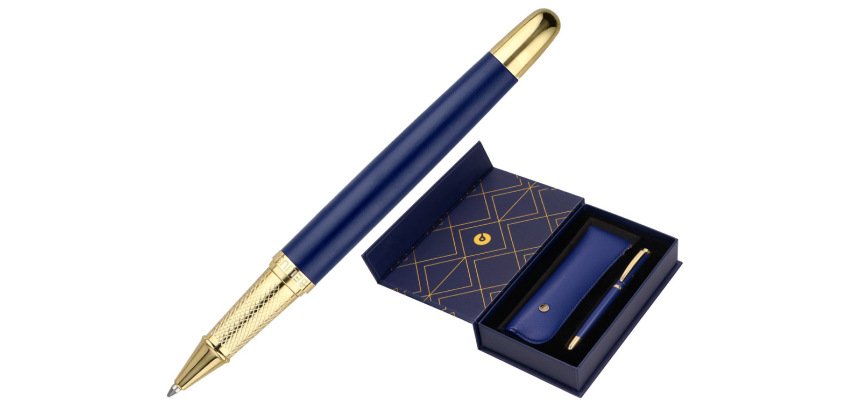 Boligrafo y estuche belius soiree color azul marino y dorado tinta azul caja de diseño