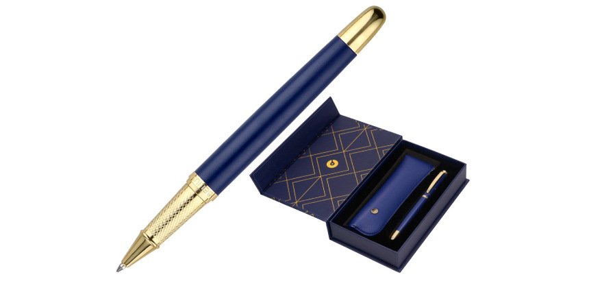 Boligrafo y estuche belius soiree color azul marino y dorado tinta azul caja de diseño