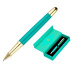 Boligrafo belius soiree aluminio color art deco turquesa y dorado tinta azul caja de diseño