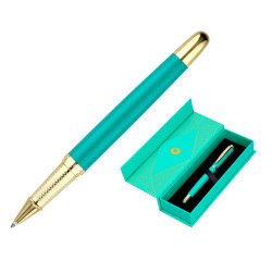 Boligrafo belius soiree aluminio color art deco turquesa y dorado tinta azul caja de diseño