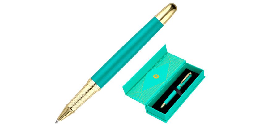 Boligrafo belius soiree aluminio color art deco turquesa y dorado tinta azul caja de diseño