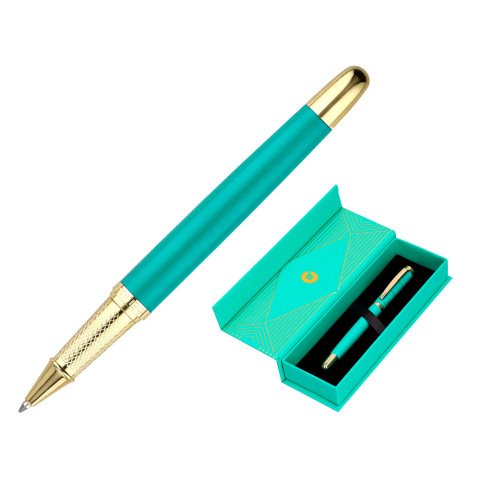Boligrafo belius soiree aluminio color art deco turquesa y dorado tinta azul caja de diseño
